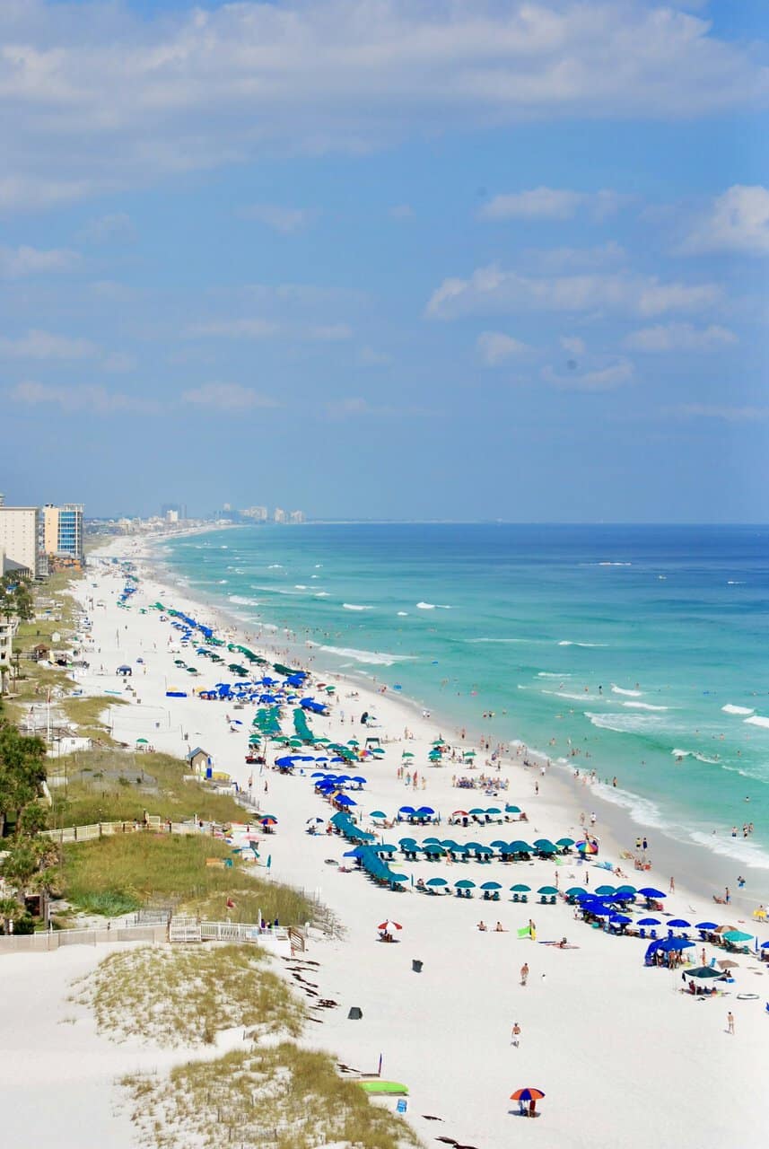 Aerial view of beach umbrellas along the Atlantic shoreline