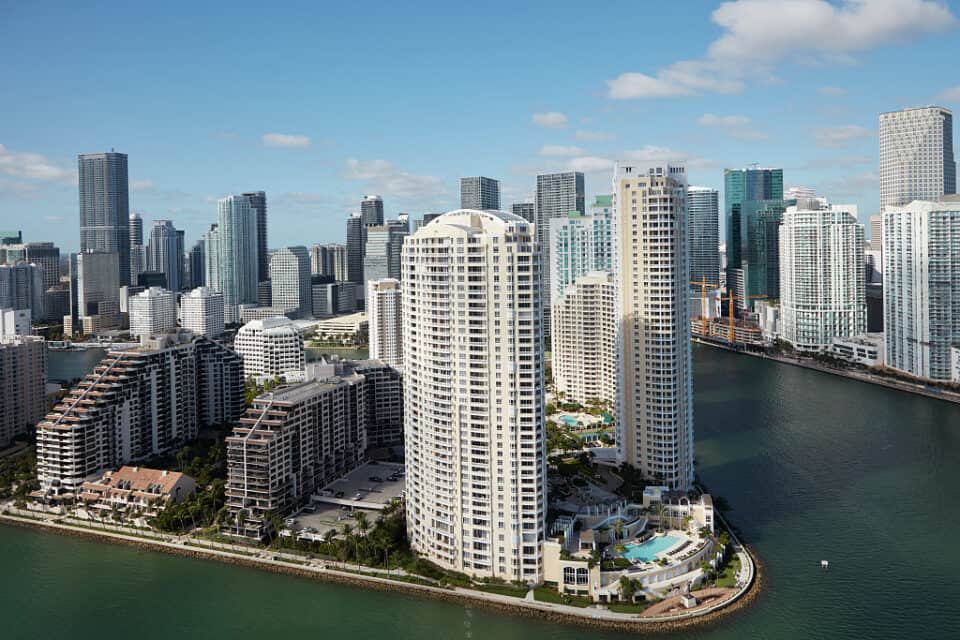 Aerial view of the Brickell and downtown Miami skyline over Biscayne Bay