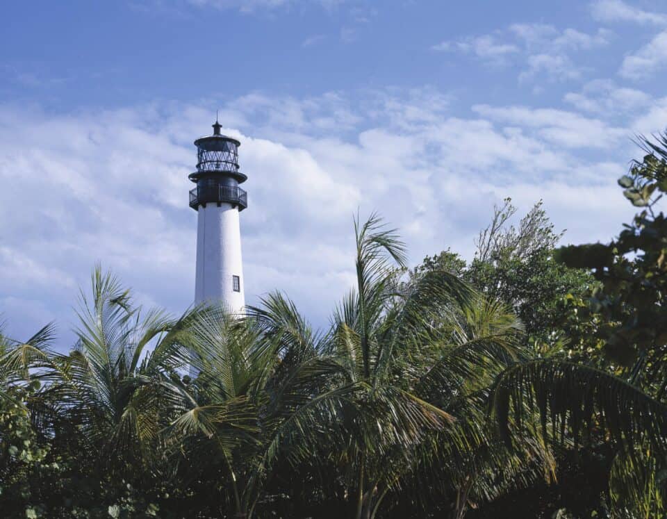 The Cape Florida Lighthouse among palms at Bill Baggs Cape Florida State Park on Key Biscayne, Florida