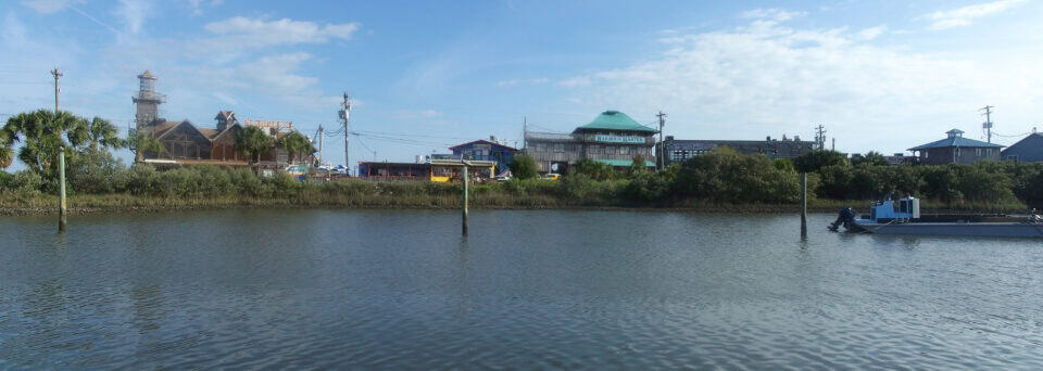 Panoramic view of historic Dock Street on the waterfront in Cedar Key, Levy County, Florida