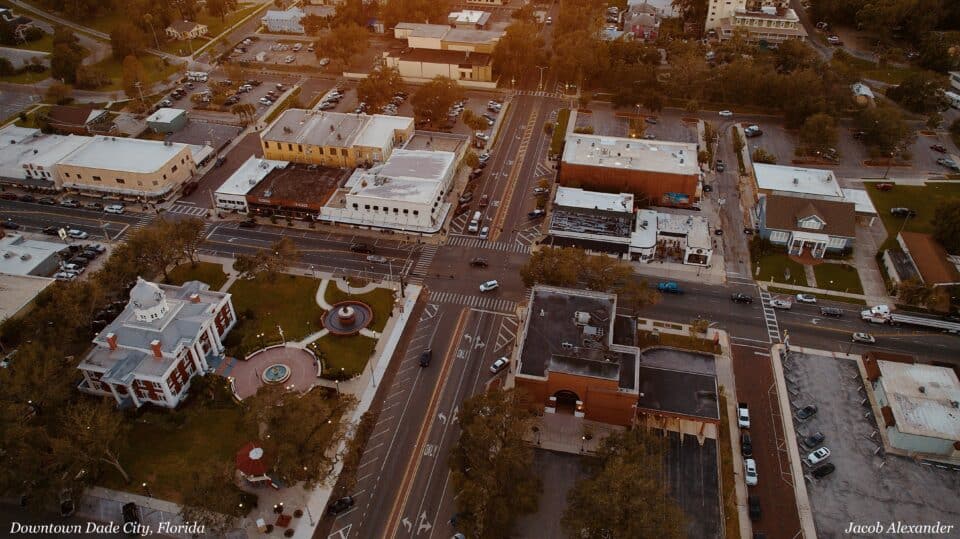 Aerial view of downtown Dade City, including the historic Pasco County Courthouse, in Pasco County, Florida