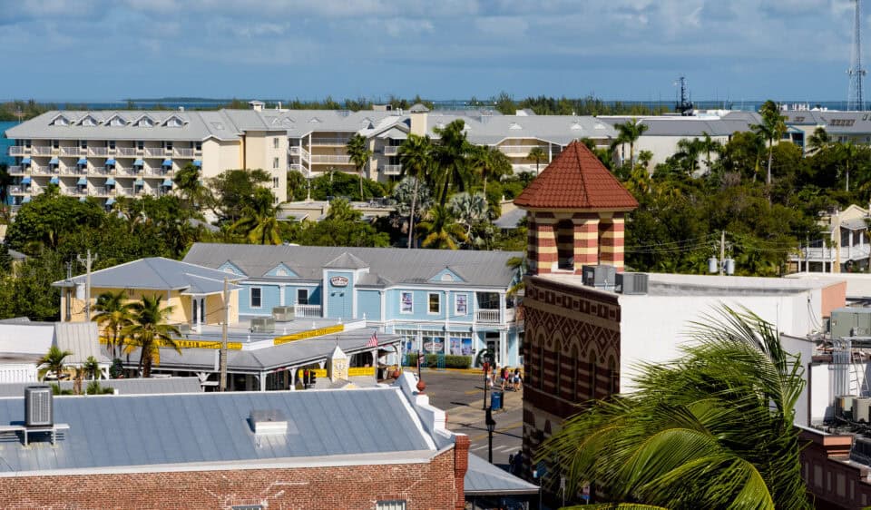 Historic buildings at the corner of Front and Duval Street in Old Town Key West, Florida