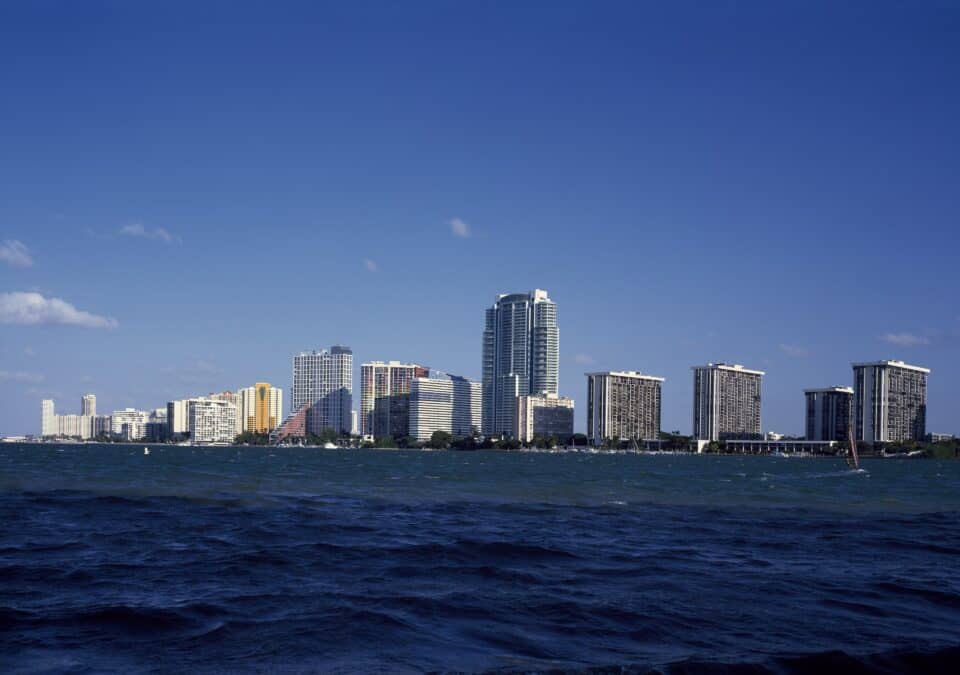 Downtown Miami skyline viewed across Biscayne Bay, Florida