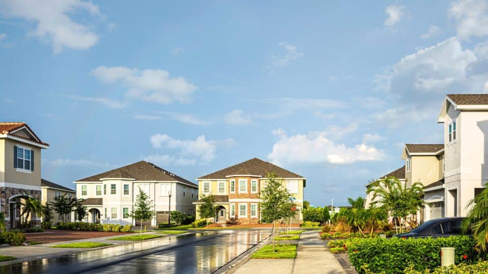 Suburban residential neighborhood with two-story homes and palm trees in the Tampa Bay area of Florida