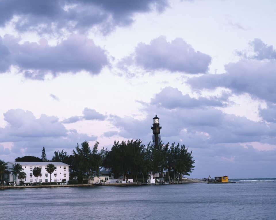 The Hillsboro Inlet Lighthouse across the water at Pompano Beach, Florida