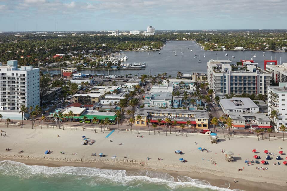 Aerial view of the beach and Intracoastal Waterway at Hollywood, Florida