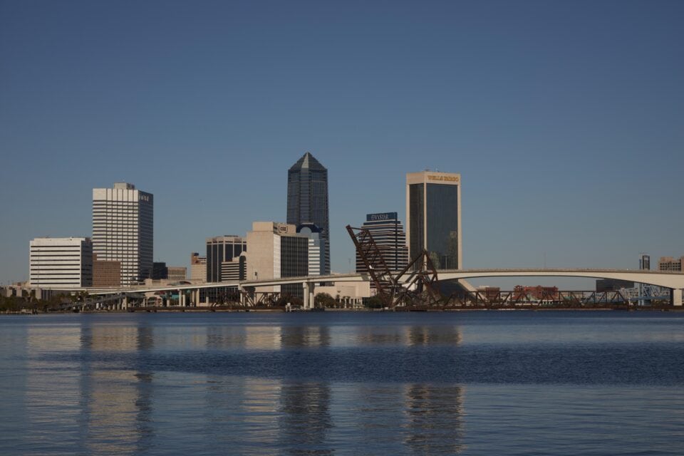 The downtown Jacksonville skyline along the St. Johns River in Jacksonville, Florida