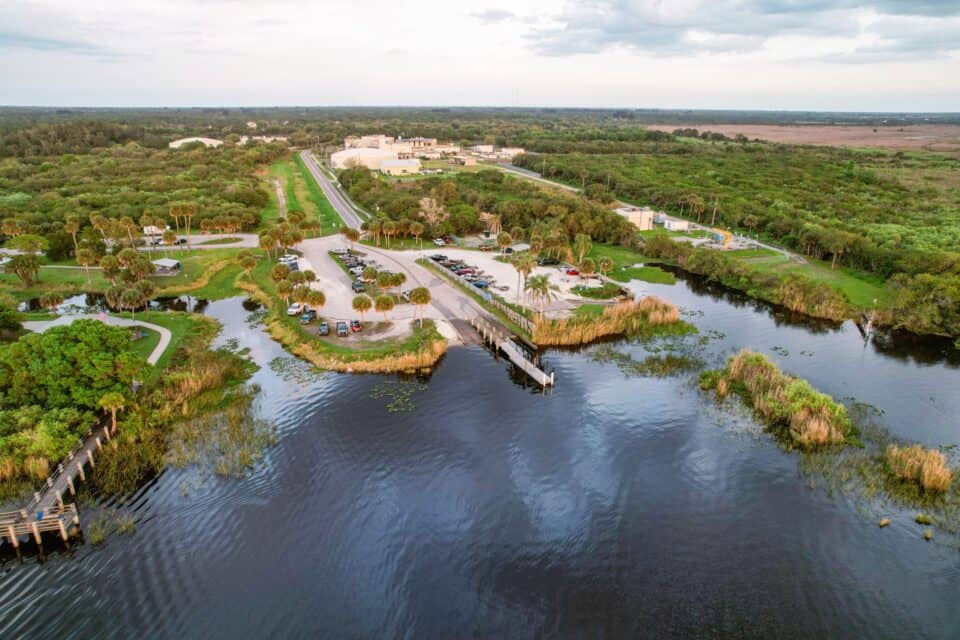 Aerial view of a waterfront park and boat ramp in Melbourne, Florida