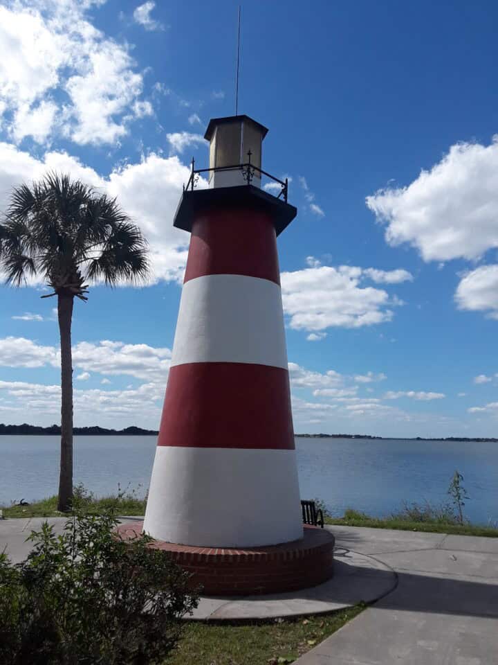 The Grantham Pointe lighthouse on Lake Dora in Mount Dora, Lake County, Florida