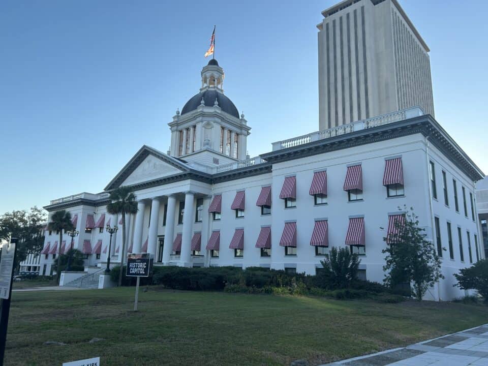 The Historic Old Florida Capitol with the New Capitol tower behind it in Tallahassee, Florida