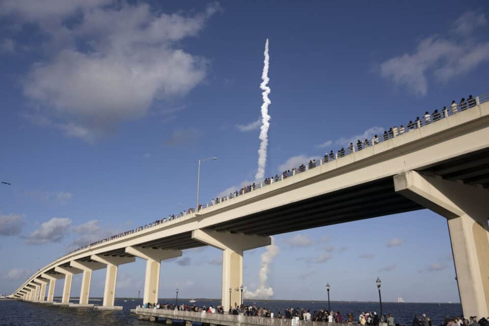 A rocket launch viewed from the A. Max Brewer Bridge in Titusville, Florida