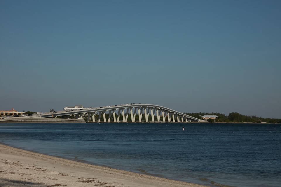 The Sanibel Causeway crossing blue water to Sanibel Island, Florida