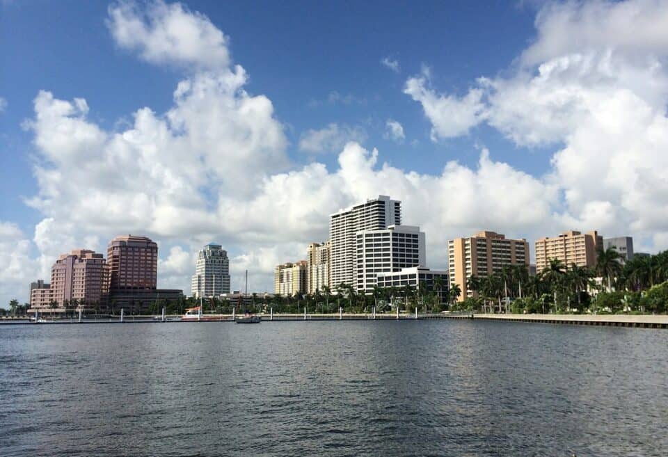 Downtown West Palm Beach skyline across the Intracoastal Waterway in Palm Beach County, Florida