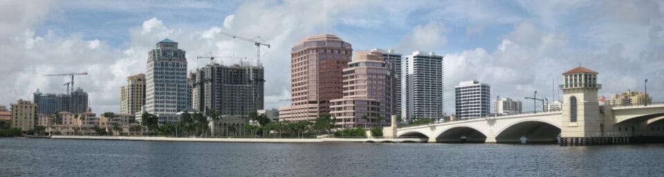 The West Palm Beach skyline across the Intracoastal Waterway in West Palm Beach, Florida