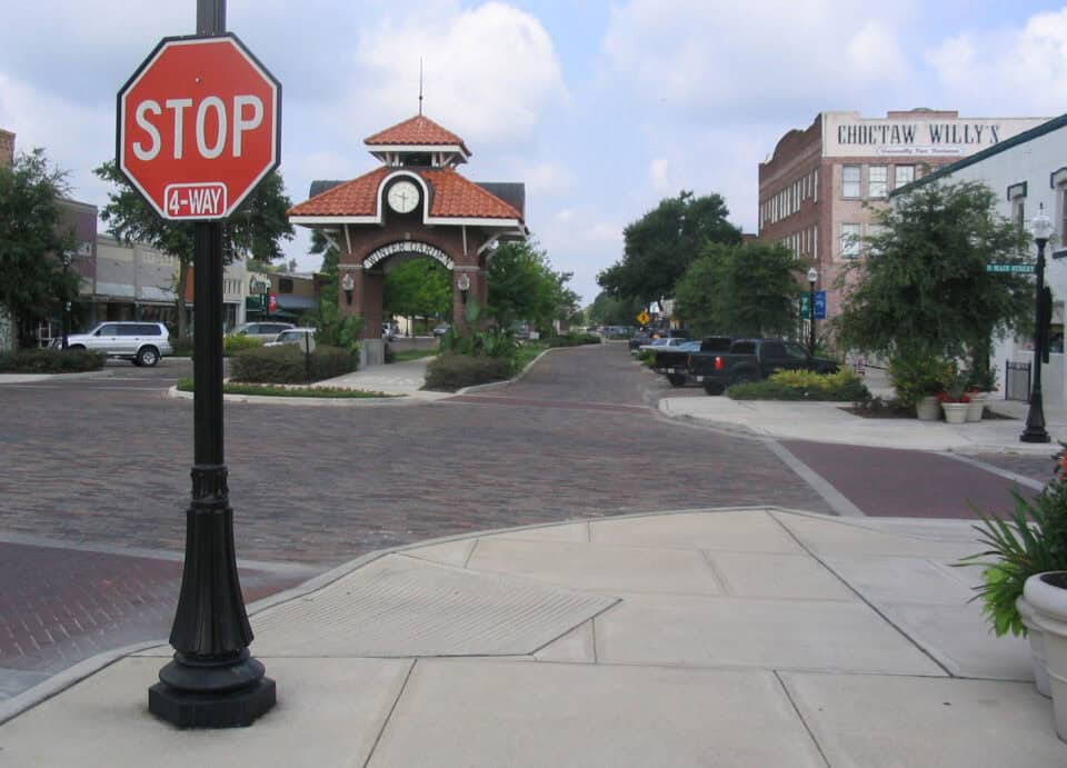 The clock tower arch over the West Orange Trail in downtown Winter Garden, Florida